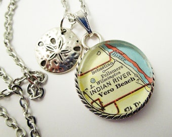 Custom Map Jewelry Indian River Sebastian Vero Beach Florida Vintage Map Pendant Necklace Personalized Nautical Gifts Ideas