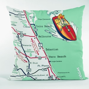 Vero Beach Florida Map Pillow Vintage Sebastian Melbourne Cocoa Beach Custom Map Pillows 16&quot; Square Throw Housewarming Gift Ideas