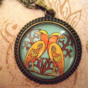 Large William Morris Era Twin Birds Pendant Necklace Arts Craftsman Deco Mission Style Design Free Gift Pouch