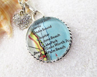 Custom Map Jewelry Hobe Sound Jupiter Palm Beach Florida Vintage Map Pendant Necklace Personalized Nautical Gifts Ideas