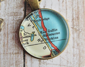 Custom Map Jewelry, Melbourne Florida Vintage Map Pendant Necklace, Personalize Map Jewelry, Map Cuff Links, Groomsmen Gifts