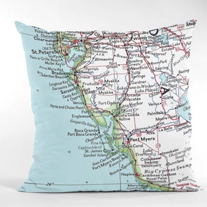 Clearwater St. Petersburg Sarasota Sanibel Ft Meyers  Florida Vintage Map Pillow 16&quot; Beach House  Housewarming Friend Going Away Gift Ideas