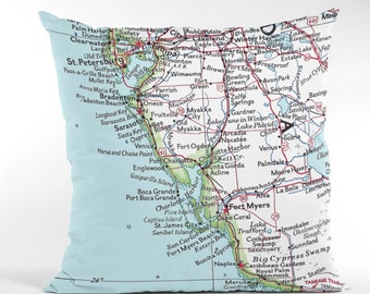 Vintage Florida Gulf Coast Map Pillow, St. Petersburg, Sanibel, Ft. Myers (16")