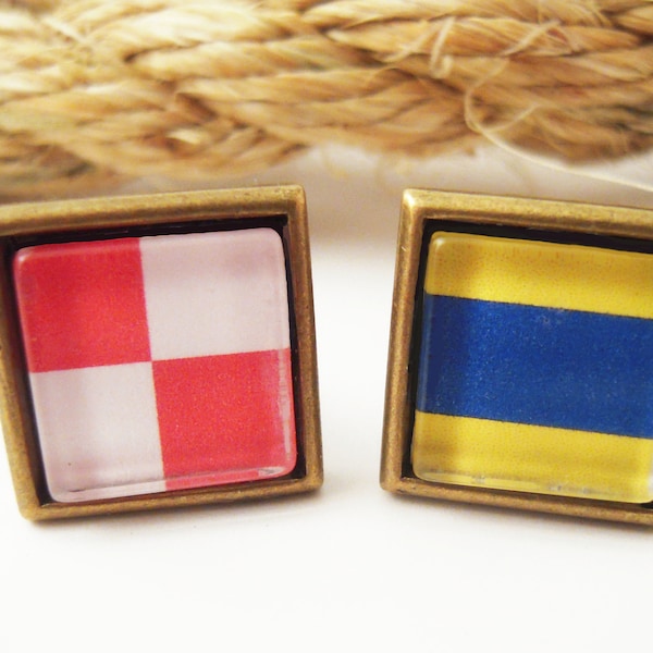 Custom Signal Flag Cufflinks You Choose Letters Mens Gift Ideas Square 5/8" or 15MM Groomsmen Nautical Yachting Maritime Sailing Navy