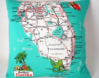 South Florida Map Pillow Vintage Map Pillows Vero West Palm Miami Keys Tampa Sarasota 16" Square Throw Housewarming Gift Ideas