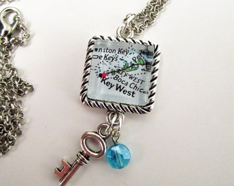 Key West Florida Map Pendant Necklace Square Roped Silver Metal 20MM 3/4" Map Jewelry Silver & Crystal Bead Charms Personalized Gift Ideas