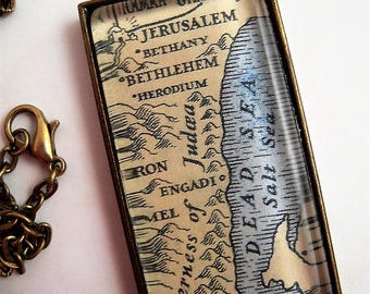 Vintage Map Pendant Necklace, Jerusalem Bethlehem Dead Sea, Custom Map Jewelry