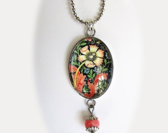 William Morris Compton Floral Oval Pendant Necklace Silver Metal Glass Bead Charm Craftsman Arts and Crafts Mission Jewelry