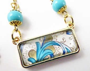 Florentine Paper Pendant Necklace, Gold, Blue Beads, 20" Chain