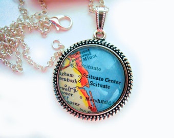 Scituate Massachusetts Custom Map Jewelry Vintage Map Pendant Necklace, Personalize Map Jewelry, Bridesmaids Gift Ideas