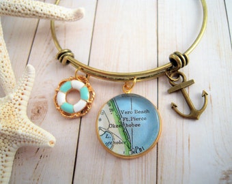 Custom Nautical Map Charm Bracelet: Vero Beach, Anchor, Life Ring