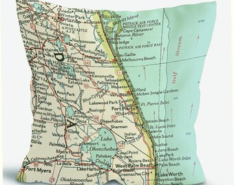 Vero Beach Jupiter Palm Beach Florida Vintage Map Pillow 16" Beach House  Housewarming Long Distance Friend Going Away Christmas Gift Ideas