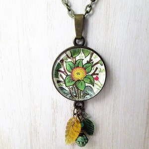 William Morris Arabesques With Orange Tree Fruit Floral Pendant Necklace Glass Leaves & Bead Charms Arts Craftsman Mission Style Vintage