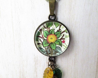 William Morris Arabesques With Orange Tree Fruit Floral Pendant Necklace Glass Leaves & Bead Charms Arts Craftsman Mission Style Vintage