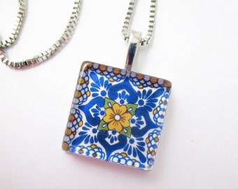 Mexican Talavera Tile Design Glass Pendant Necklace Box Chain Boho Folk Art Fashion Southwestern Jewelry