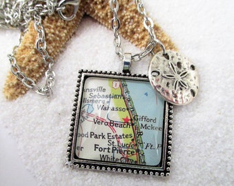 Custom Map Jewelry Sebastian Vero Beach Fort Pierce Florida Vintage Map Pendant Necklace, Personalized Nautical Gifts Ideas