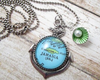 Vintage Jamaica Map Pendant Necklace Silver Anchor Enamel Shell Pearl Charm Nautical Gift Ideas Jewelry Or You Pick the Custom Beach Locale