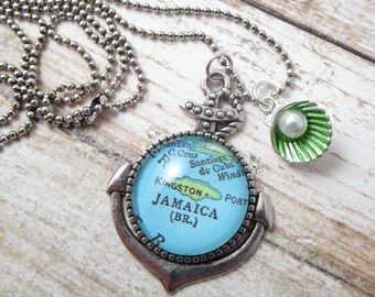 Vintage Jamaica Map Anchor Pendant Necklace, Shell Pearl Charm