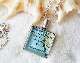 Tampa Bay Map Pendant Necklace: Venice, Sarasota, Florida, Custom Silver Jewelry