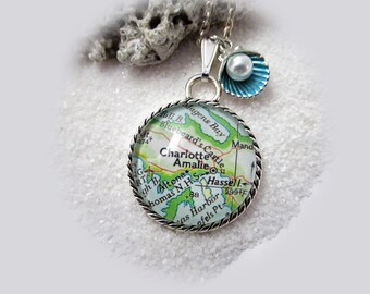 Charlotte Amalie St. Thomas V. I. Map Pendant Necklace Enamel Shell W Pearl Charm Map Jewelry Personalized Nautical Gifts Ideas