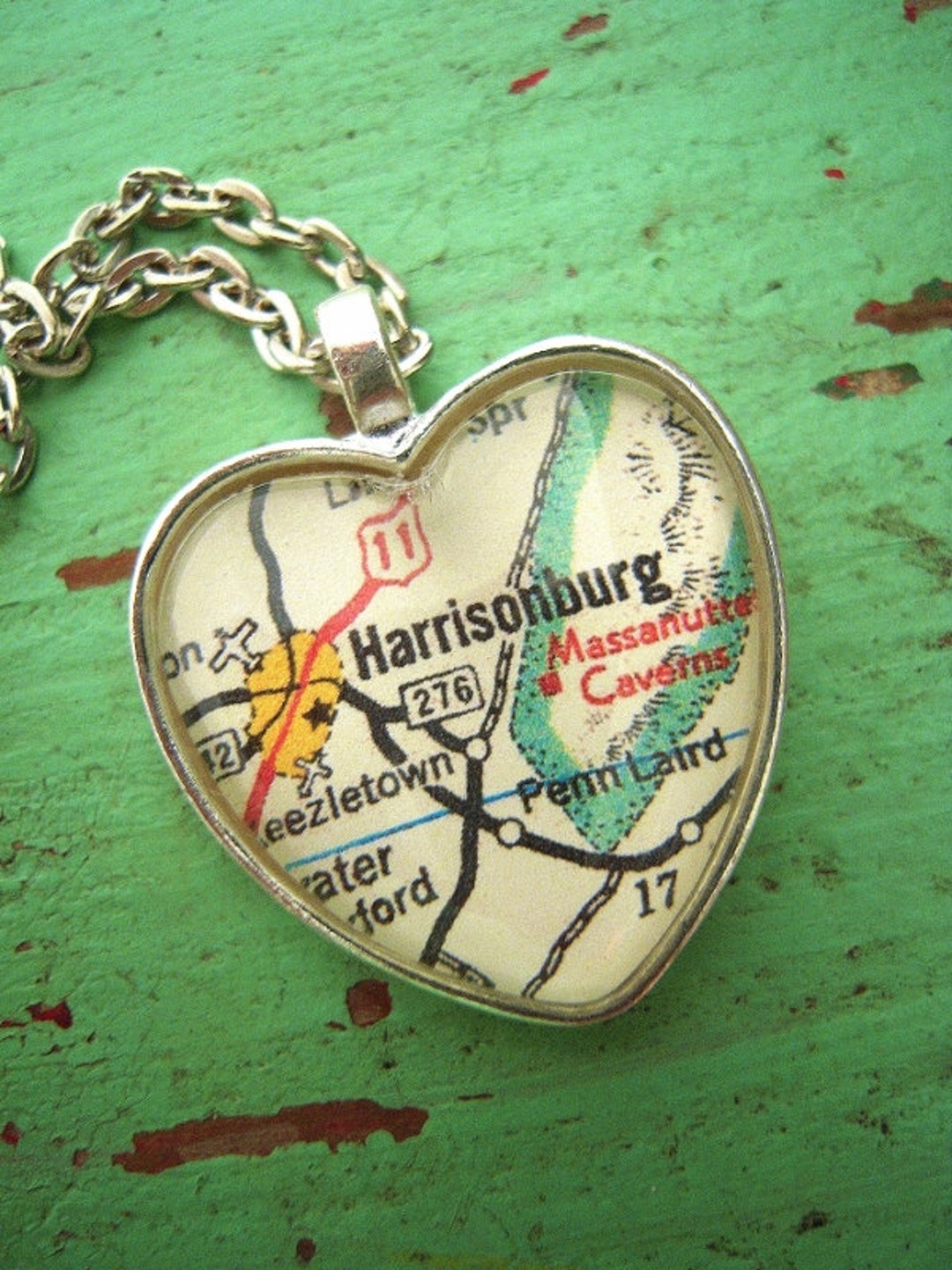 Custom Map Jewelry, Harrisonburg Virginia Vintage Heart Shape Map