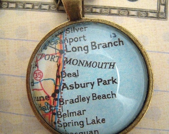Custom Map Jewelry, Asbury Park Bradley Beach New Jersey Shore Vintage Map Pendant Necklace, Personalize Map Jewelry Cuff Links, Gift Ideas