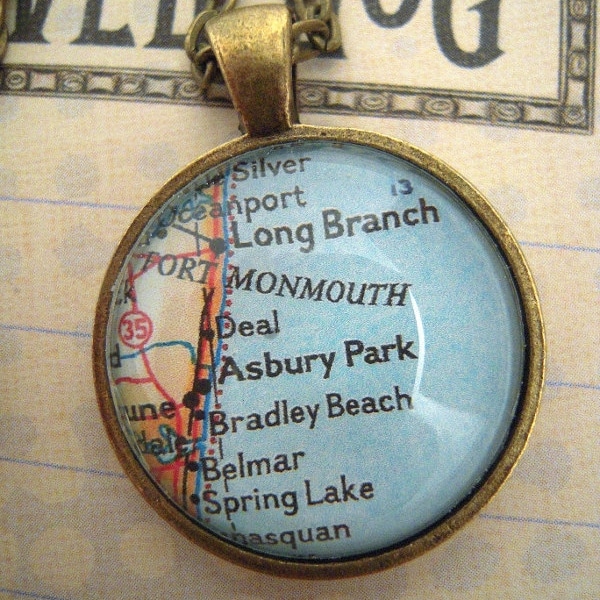 Custom Map Jewelry, Asbury Park Bradley Beach New Jersey Shore Vintage Map Pendant Necklace, Personalize Map Jewelry Cuff Links, Gift Ideas