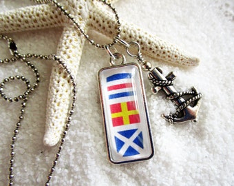 Custom Signal Flags Pendant Necklace Silver 1" x 3/8" Micro Chain Anchor You Pick 3 Letters Numbers Nautical Sailing Navy Gift Ideas