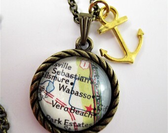 Sebastian Wabasso Vero Beach Florida Map Pendant Necklace Round Roped Silver Brass Metal 20MM 3/4" Map Jewelry Anchor Charm Gift Ideas