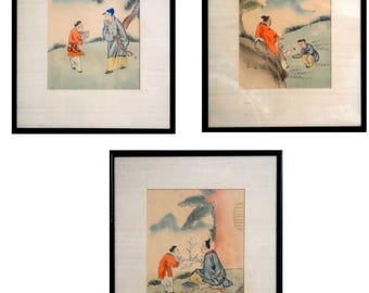 Antique Chinese Pair Silk Paintings - Set of 3 Framed Original Watercolors VGC