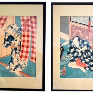 1800&#39;s Set of 2 Rare Utagawa Kunisada Woodblock Art Prints Framed (Edo Period) KABUKI Actor Museum Pieces Chinese Oriental Decor ~ LOOK!