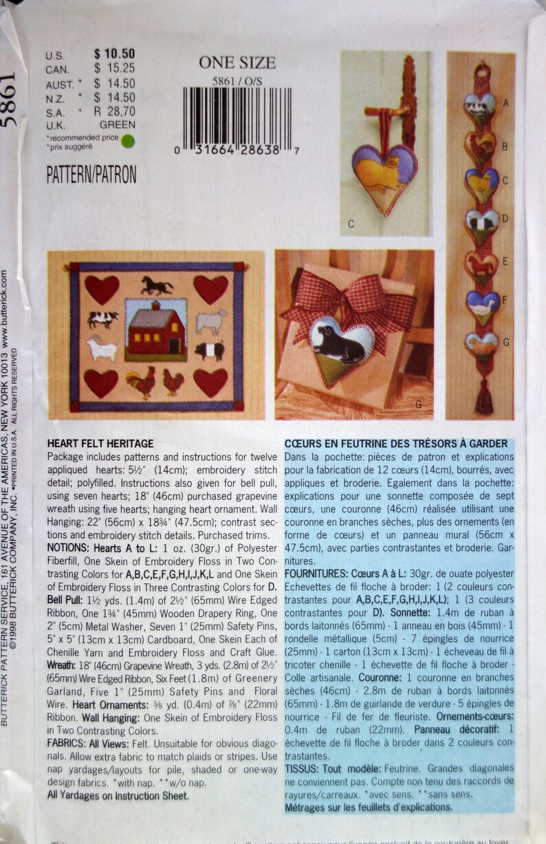 LOOK Vtg 90/'s Uncut 12 APPLIQUE Quilted Hearts WREATH ~ Farm Animals Butterick 56861 Country Craft Set For Farmhouse Home Decor Adorable!
