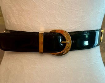 Paloma Picasso Vintage Dark Navy Blue Elegant Leather Belt with Gold Buckle Vintage Paloma Picasso Navy Blue Leather Belt M, Made Italy  main image 4