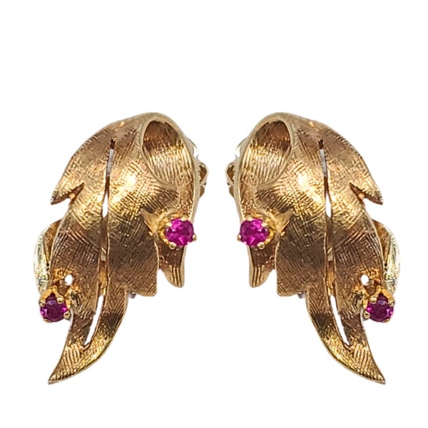 14k Solid Yellow Gold & Ruby Natural Leaf Floral Nature Foliage Clip Earrings ~ Vintage Art Deco Nouveau Retro Set! 100% Authentic! LOOK!