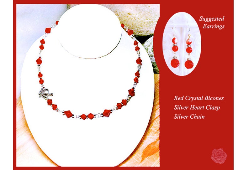 17 Necklace 6-8mm Pink Round Czech Crystals 1-Inch Red Crystal Valentine Heart Pendant Wire Wrapped Bale Bright Silver Ornate Toggle Clasp