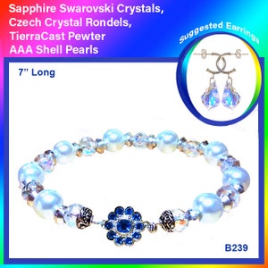 8 Clear AB Czech Crystal and Shell Pearl Silver Bracelet, TierraCast Pewter, Flower Box Clasp, Sapphire Swarovski Crystal Silver Petals image 1