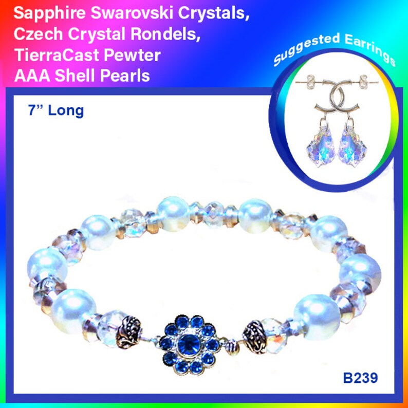 8 Clear AB Czech Crystal and Shell Pearl Silver Bracelet, TierraCast Pewter, Flower Box Clasp, Sapphire Swarovski Crystal Silver Petals image 1