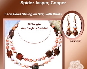 30" Chocolate Brecciated Jasper and Spider Jasper Necklace, Silk Strung with Knots, Copper Toggle Clasp, Earrings - You Choose Earring Tops