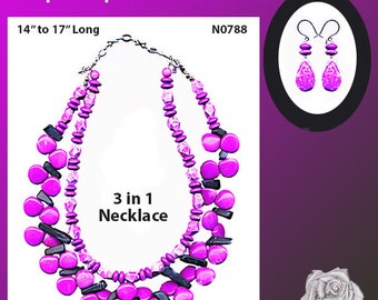 14" to 17" Purple Stone Necklace, Blackstone Daggers, Purple Turquoise, Silver Accents, 1-2-Strand, Wear 4 Ways, Earrings - You Choose Tops