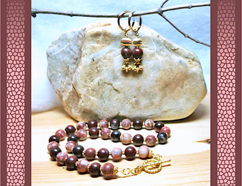 18 Necklace Single Strand of Chocolate Mahogany Jasper and Paintbrush Jasper 18K Gold Vermeil Rope Toggle Clasp AndOr 14K GF Hoop Earrings