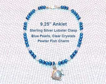 9.25" Anklet Teal Glass Pearls Clear Sea Crystal AB Bicones and Seed Beads Pewter Puffed Fish Charm Sterling Silver Filled Lobster Clasp