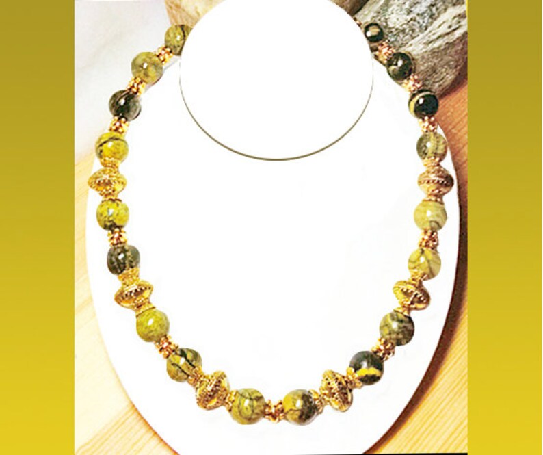 Yellow Green Black Afghanistan Jasper 20 Necklace, 8 Bracelet, Gold Pewter Fancy Spacers, TierraCast Gold Pewter Toggle Clasps, Stunning Necklace