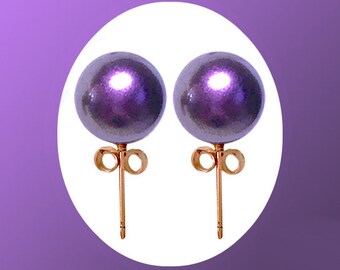 Stud Earrings Purple Velvet Swarovski 8mm Pearl, 14K Gold-Filled Post Earrings, 14K Gold-Filled Clutches, Also Comes in Copper, Gray, White