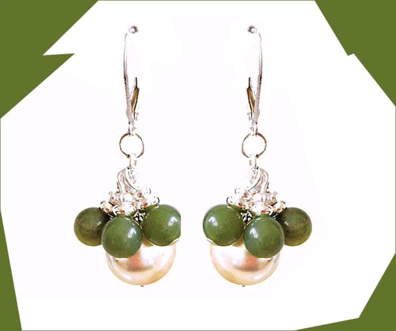 Leverback Earrings 6mm Green Canadian Jade Rounds 12mm Champagne Glass Pearls Pewter and Silver Spacers BallPins Sterling Silver Lever Backs