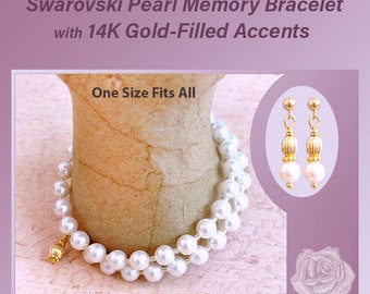 Creamy White Swarovski Pearls Stretch Bracelet, One Size, Wrap/Bangle Memory, 14K Gold-Filled Corrugated Accents, Earrings - You Choose Tops