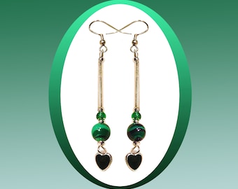 Lab Malachite Long Thin Earrings with Black Enameled Hearts, Made with Silver Wire and Accents, You Choose Your Earring Tops