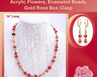 16" Red Hearts, Flowers, Gold and Silver Mixed Metal Accents Necklace, 3D Gold Rose Box Clasp, Earrings - Choose Your Favorite Earring Tops