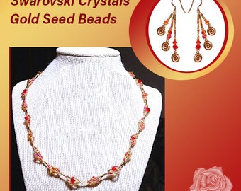 18" Red and Gold Swarovski Crystal Braided Necklace, Swarovski and Czech Crystals, Seed Beads Braid, Dangle Earrings, You Choose your Tops