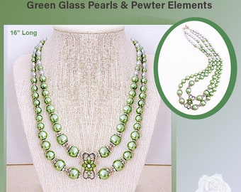 16" Green, then Gray Graduated Pearl 2-Strand Necklace, Swarovski Crystal Encrusted Enameled Pewter Centerpiece, Ornate Pewter Toggle Clasp