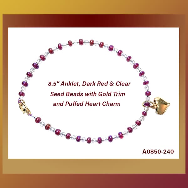 8.5" Anklet Clear Seed Bead Fuchsia Seed Bead Gold Seed Bead Silver Seed Bead Shiny Gold Puffed Heart Moveable Charm Gold Lobster Clasp